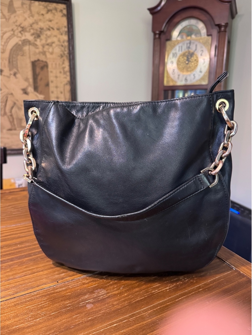 MICHAEL Michael Kors Black Leather Hobo Shoulder Bag Gold Chain Large